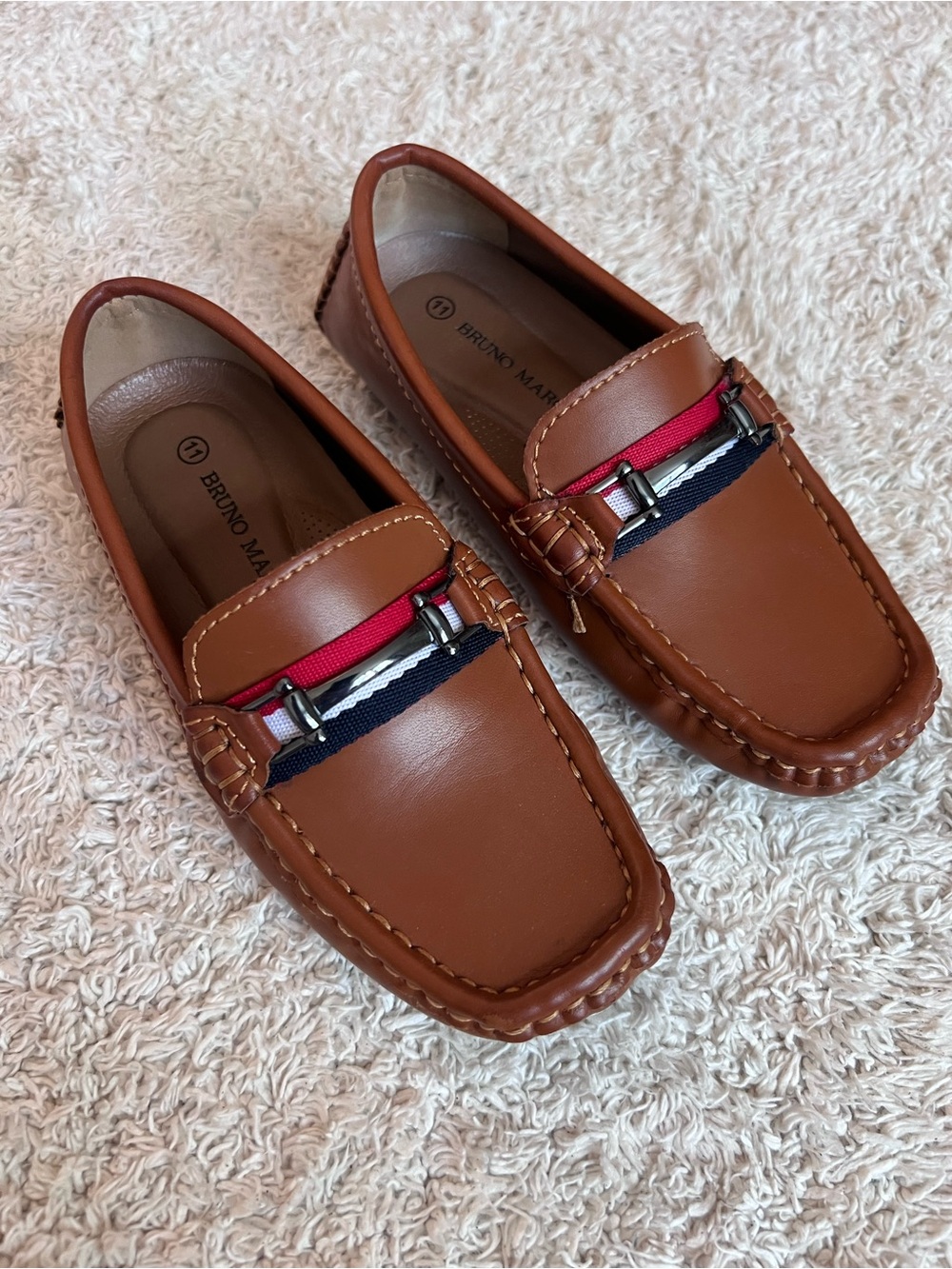 Bruno Magli Kids Tan Leather Loafers with Red & Navy Trim